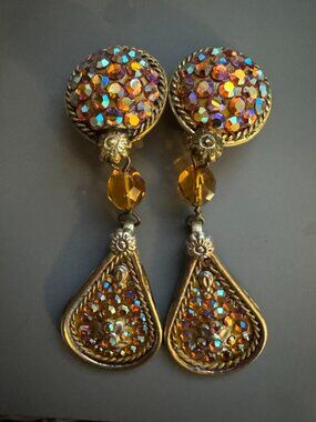 Rare Richard Kerr Signed 1980s Vintage Clip Earrings Runway Teardrop Crystal